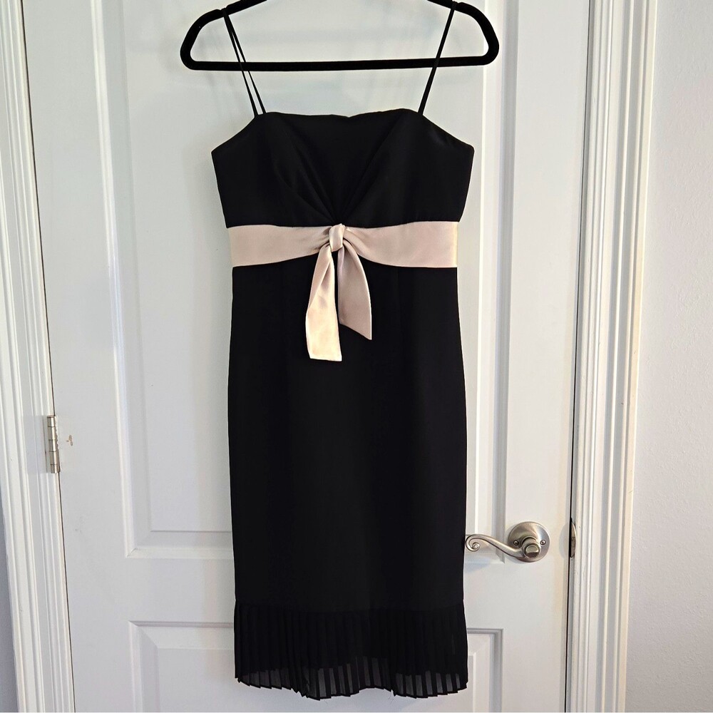 De Laru Black Sheath Dress Spaghetti Strap Sweetheart Bow Pleated Knee 4